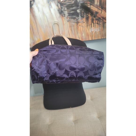 Coach Signature Nylon Tote Bag C1376-24362 Purple Beige Leather Trim Shoulder... - Picture 3 of 11